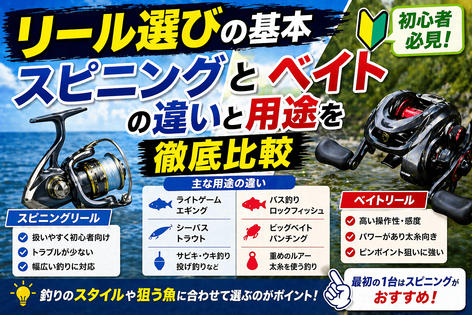 リール選びの基本|スピニングとベイトの違いと用途を徹底比較